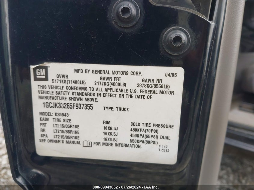2005 Chevrolet Silverado 3500 Lt VIN: 1GCJK33265F937355 Lot: 39943652