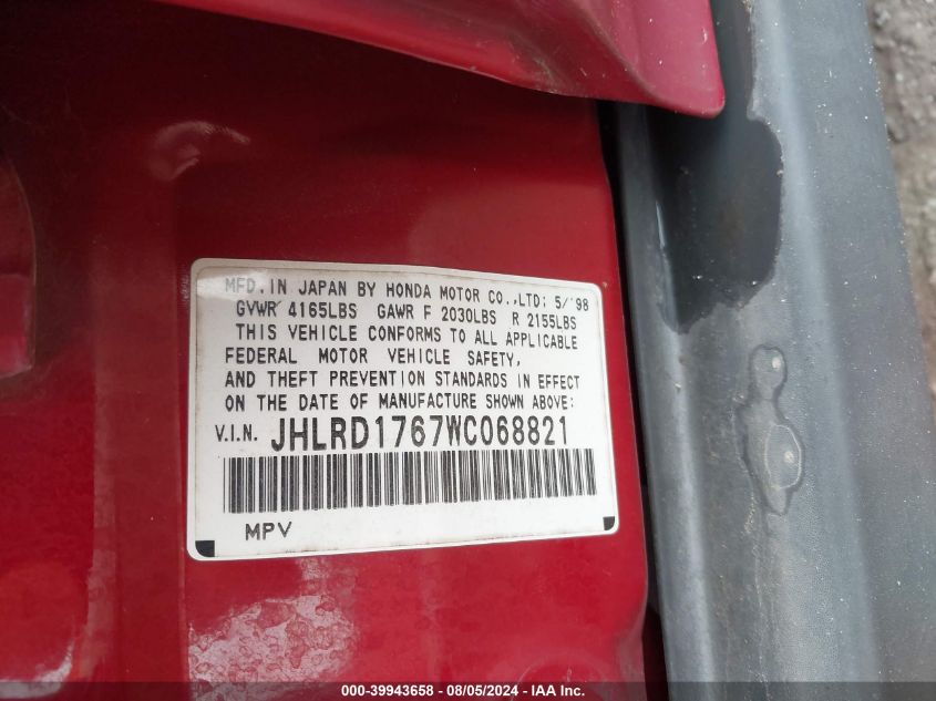 1998 Honda Cr-V Ex VIN: JHLRD1767WC068821 Lot: 39943658