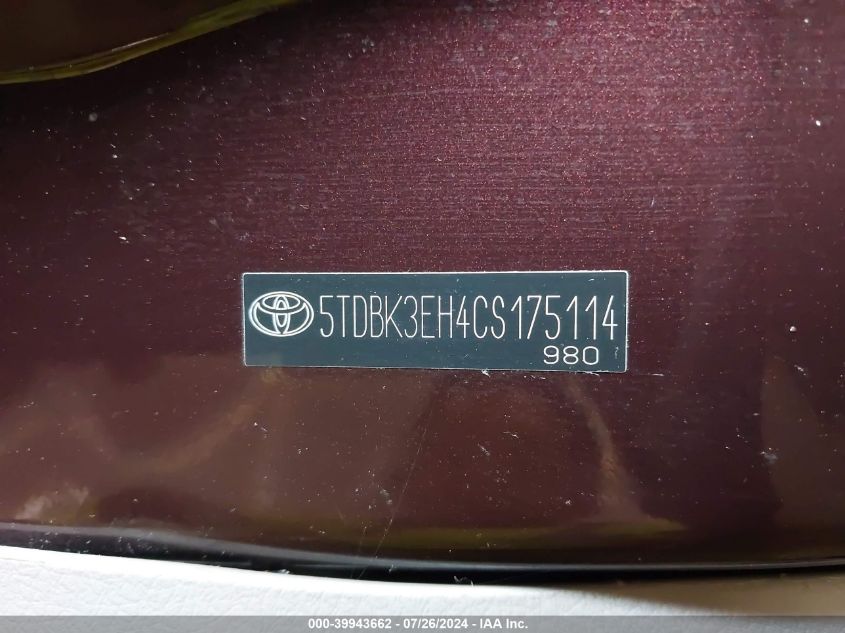 2012 Toyota Highlander Base V6 VIN: 5TDBK3EH4CS175114 Lot: 39943662