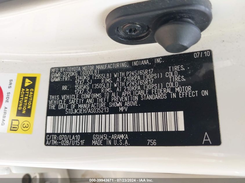 2010 Toyota Highlander Se V6 VIN: 5TDJK3EH7AS035213 Lot: 39943671