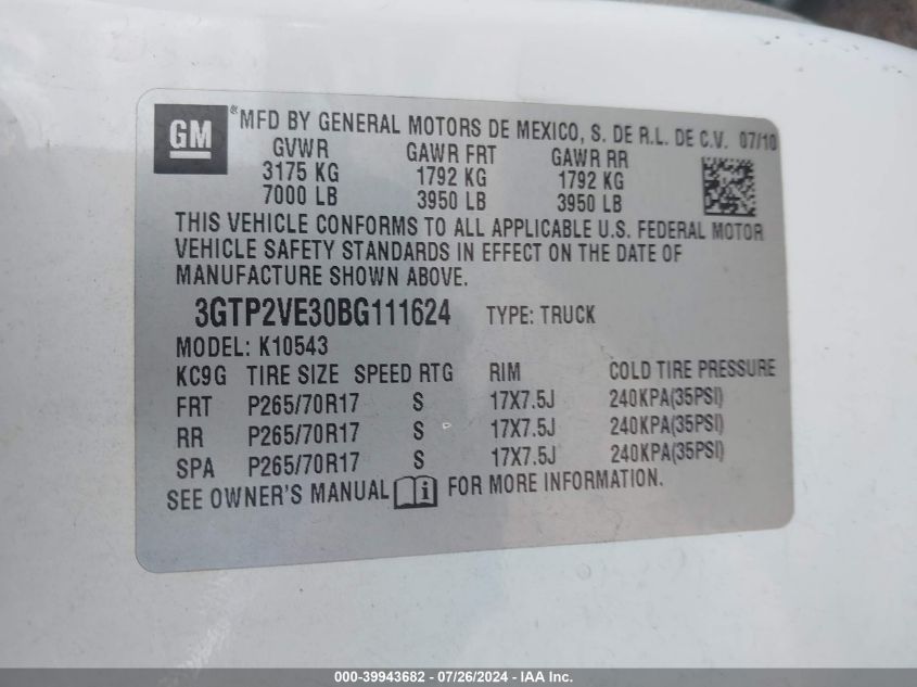 2011 GMC Sierra 1500 Sle VIN: 3GTP2VE30BG111624 Lot: 39943682