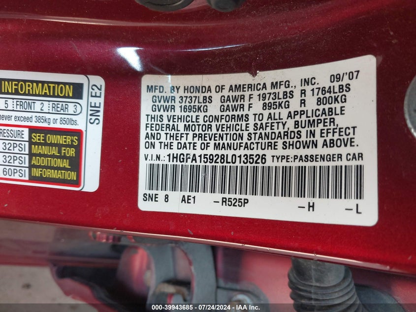 2008 Honda Civic Ex-L VIN: 1HGFA15928L013526 Lot: 39943685