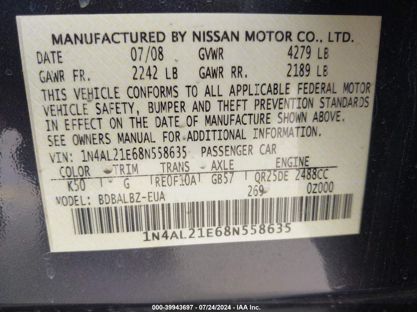 2008 Nissan Altima 2.5 S VIN: 1N4AL21E68N558635 Lot: 39943697