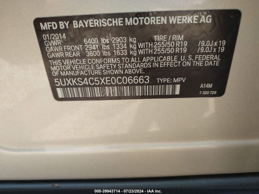 2014 BMW X5 xDrive35D VIN: 5UXKS4C5XE0C06663 Lot: 39943714