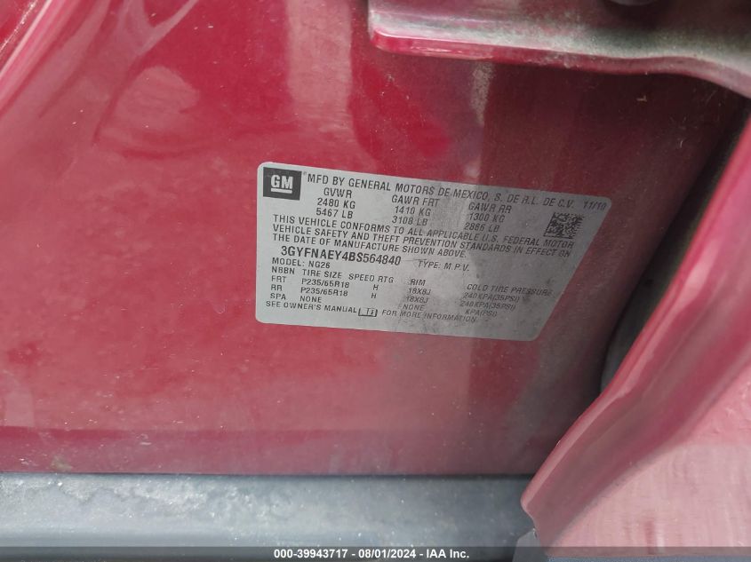 2011 Cadillac Srx Luxury Collection VIN: 3GYFNAEY4BS564840 Lot: 39943717