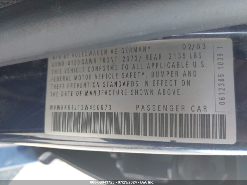 2003 Volkswagen Jetta Gl VIN: WVWRK61J13W450673 Lot: 39943723