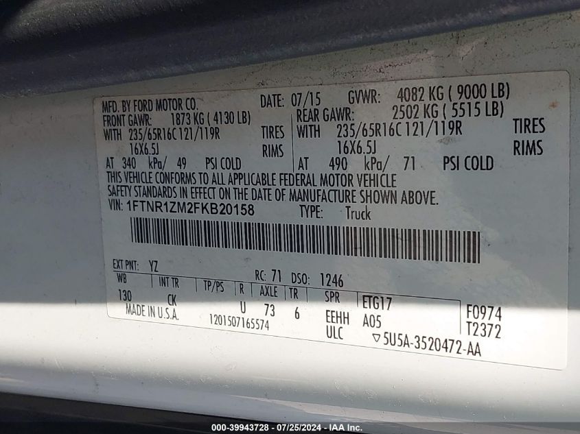 2015 Ford Transit-250 VIN: 1FTNR1ZM2FKB20158 Lot: 39943728