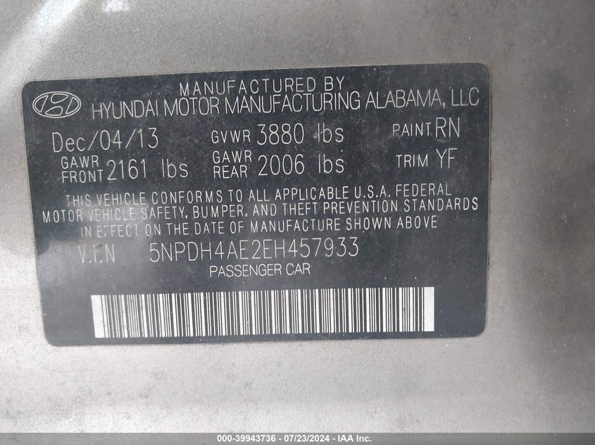 2014 Hyundai Elantra Se VIN: 5NPDH4AE2EH457933 Lot: 39943736