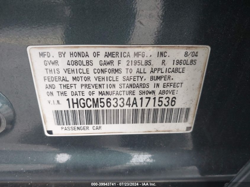 1HGCM56334A171536 | 2004 HONDA ACCORD