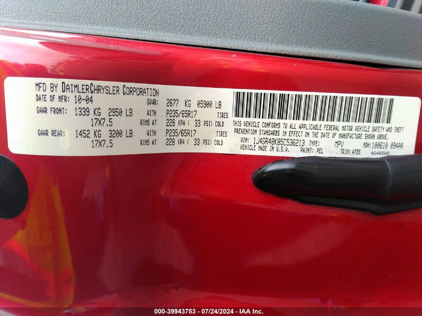 2005 Jeep Grand Cherokee Laredo VIN: 1J4GR48K85C536213 Lot: 39943753