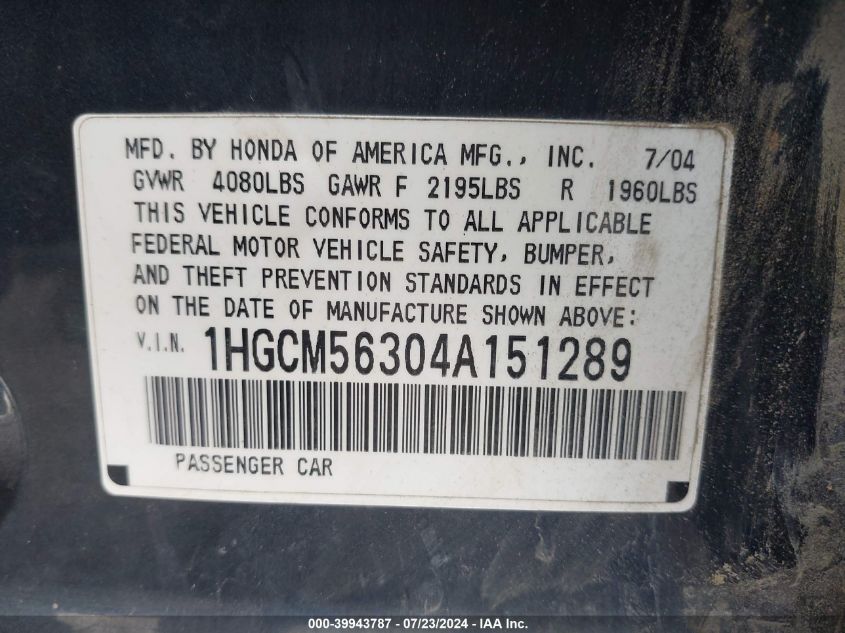 2004 Honda Accord 2.4 Lx VIN: 1HGCM56304A151289 Lot: 39943787