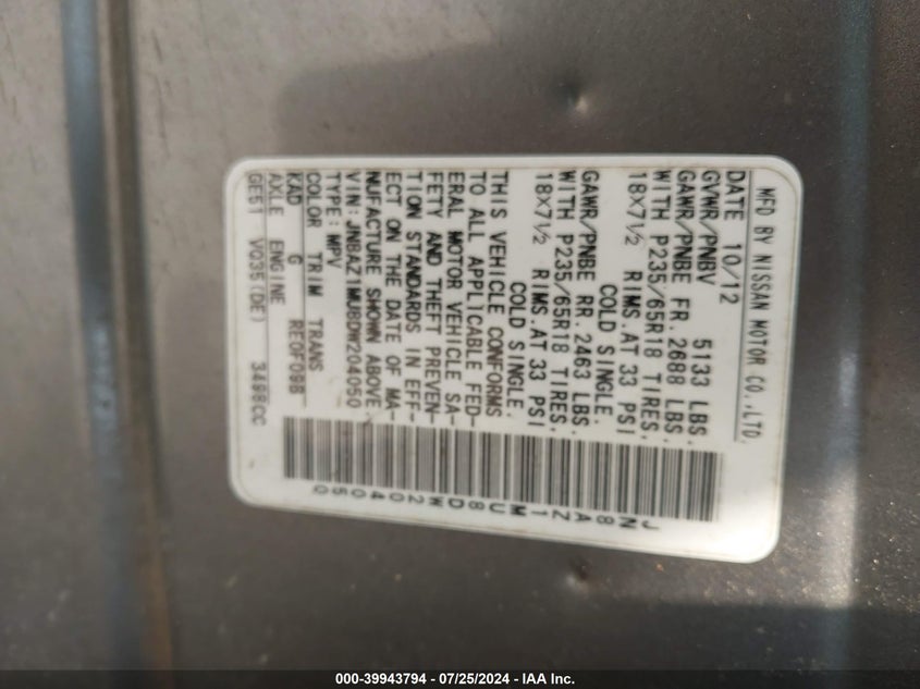 2013 NISSAN MURANO SL - JN8AZ1MU8DW204050