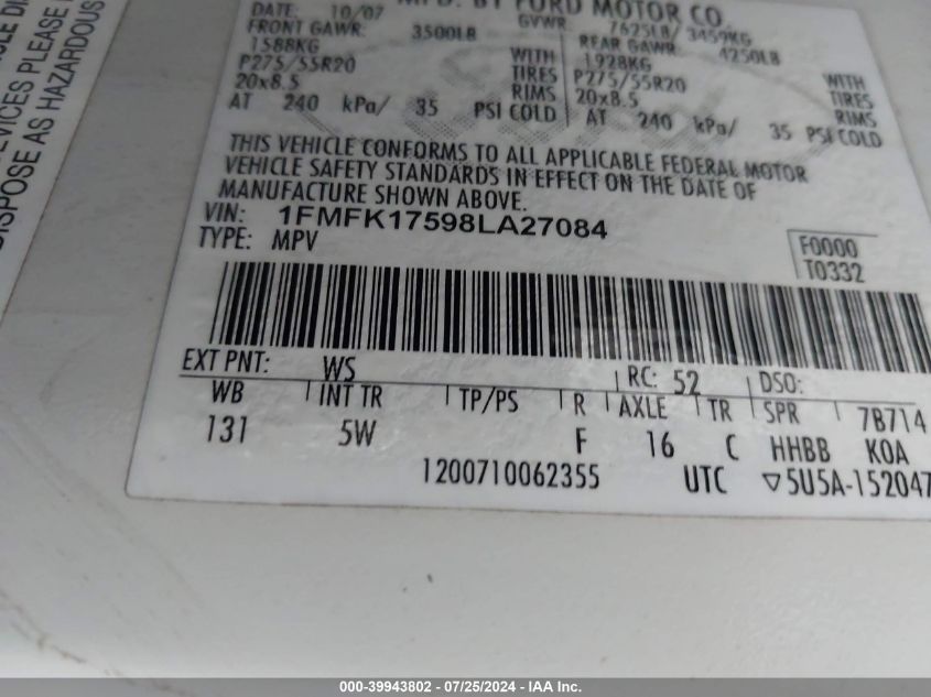 2008 Ford Expedition El Eddie Bauer/King Ranch VIN: 1FMFK17598LA27084 Lot: 39943802