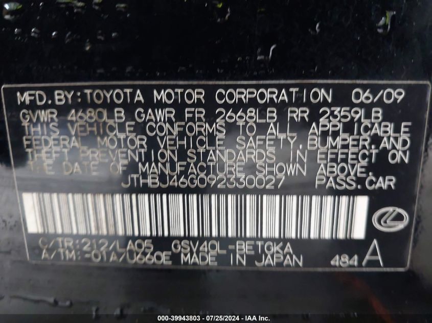 2009 Lexus Es 350 VIN: JTHBJ46G092330027 Lot: 39943803