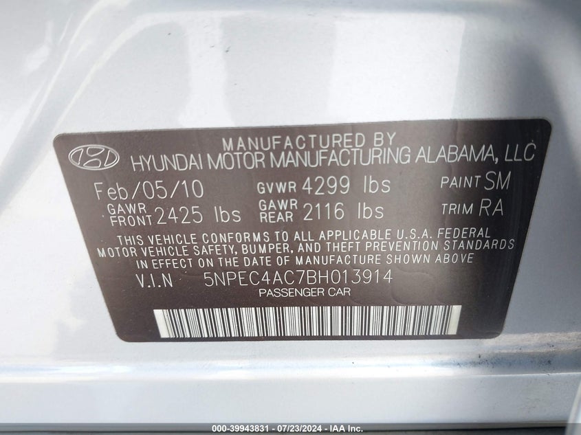 2011 Hyundai Sonata Limited VIN: 5NPEC4AC7BH013914 Lot: 39943831