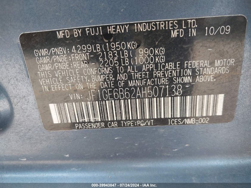 2010 Subaru Impreza 2.5I Premium VIN: JF1GE6B62AH507138 Lot: 39943847