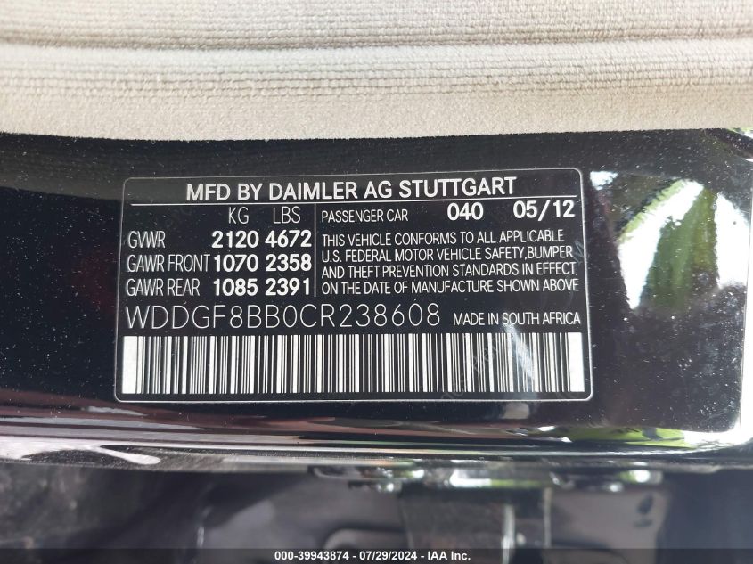 2012 Mercedes-Benz C 300 Luxury 4Matic/Sport 4Matic VIN: WDDGF8BB0CR238608 Lot: 39943874