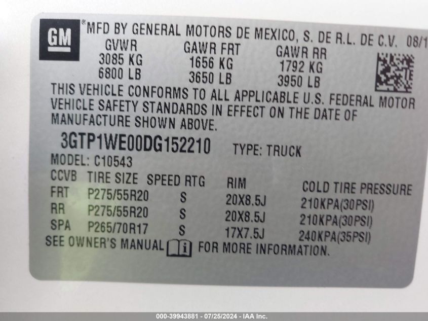 2013 GMC Sierra 1500 Slt VIN: 3GTP1WE00DG152210 Lot: 39943881