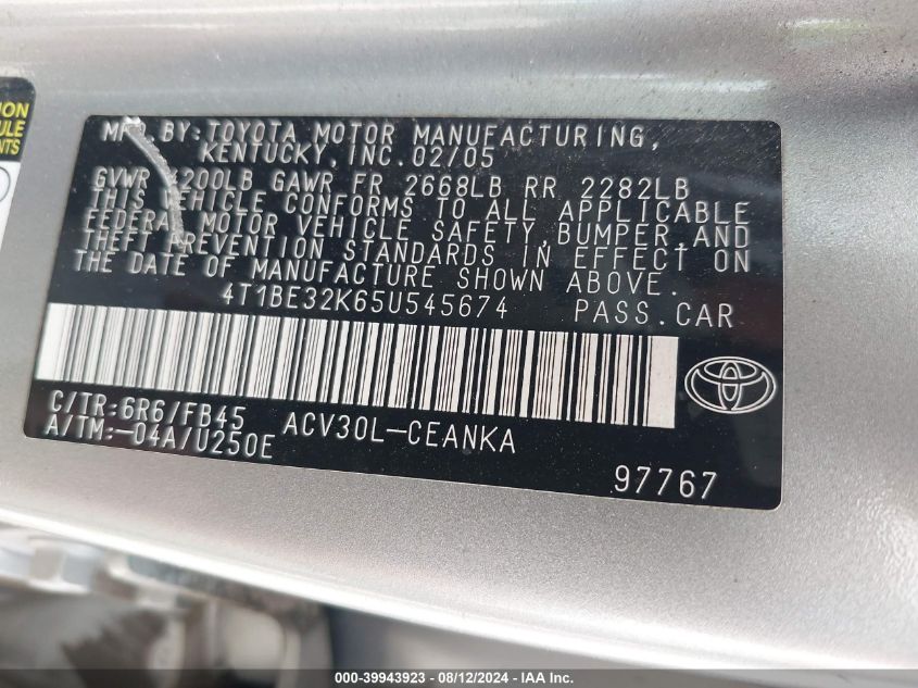 2005 Toyota Camry Le VIN: 4T1BE32K65U545674 Lot: 39943923