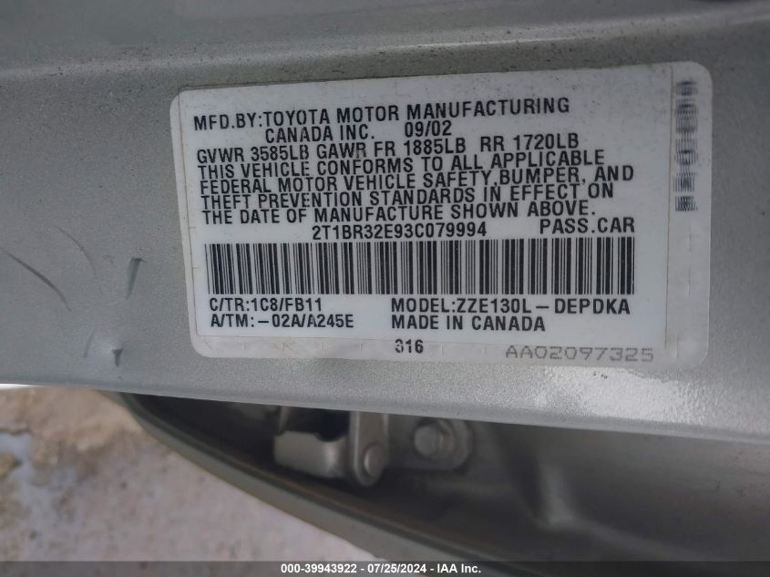 2003 Toyota Corolla Ce VIN: 2T1BR32E93C079994 Lot: 39943922