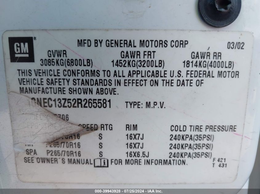 2002 Chevrolet Tahoe Ls VIN: 1GNEC13Z52R265581 Lot: 39943928