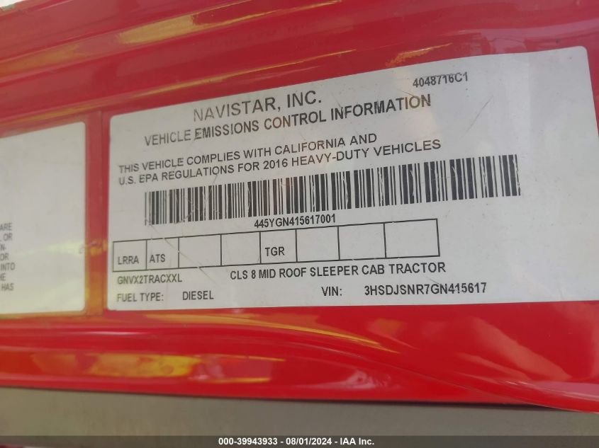 2016 International Prostar VIN: 3HSDJSNR7GN415617 Lot: 39943933