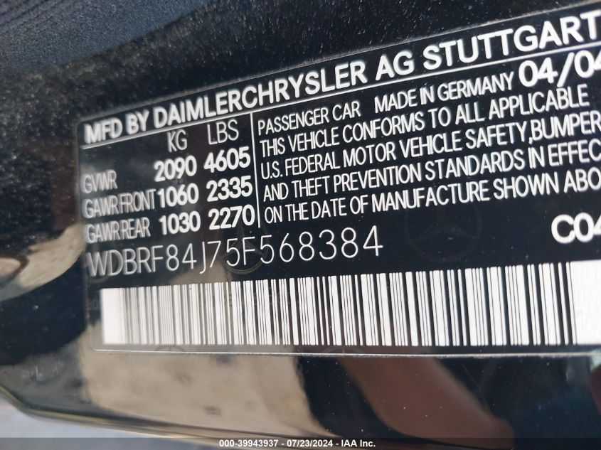 2005 Mercedes-Benz C 320 Luxury 4Matic VIN: WDBRF84J75F568384 Lot: 39943937