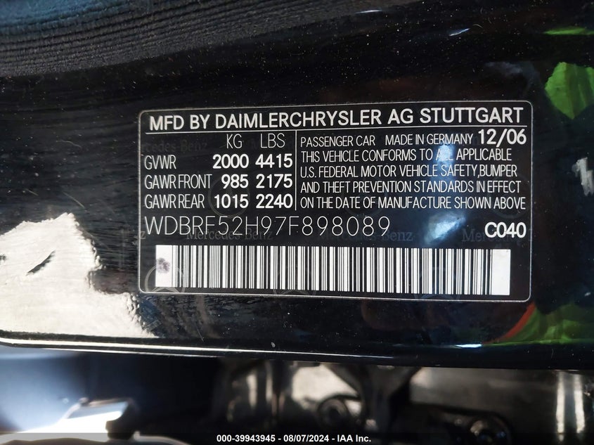 2007 Mercedes-Benz C 230 Sport VIN: WDBRF52H97F898089 Lot: 39943945