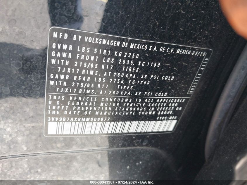 2021 Volkswagen Tiguan 2.0T Se/2.0T Se R-Line Black/2.0T Sel VIN: 3VV3B7AX8MM006077 Lot: 39943987