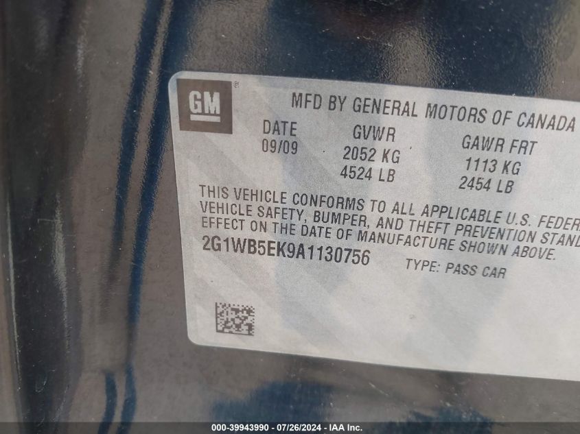 2010 Chevrolet Impala Lt VIN: 2G1WB5EK9A1130756 Lot: 39943990