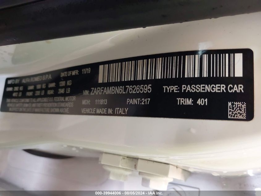 2020 Alfa Romeo Giulia Ti Sport Rwd VIN: ZARFAMBN6L7626595 Lot: 39944006