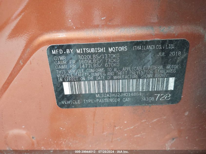 2018 Mitsubishi Mirage Es VIN: ML32A3HJ2JH014864 Lot: 39944013