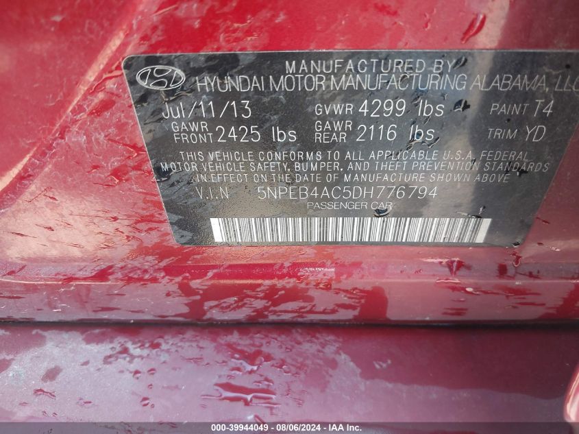 2013 Hyundai Sonata Gls VIN: 5NPEB4AC5DH776794 Lot: 39944049