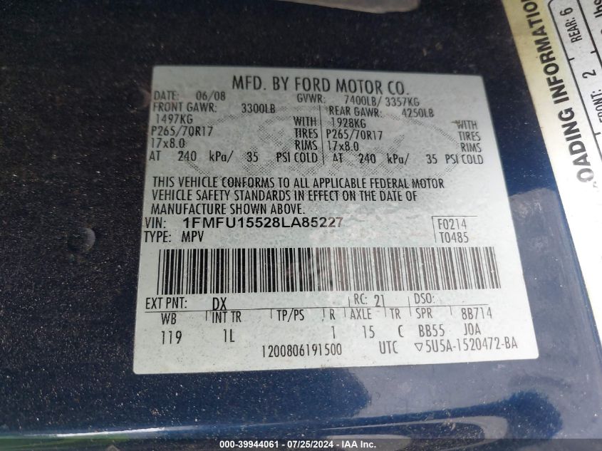 2008 Ford Expedition Xlt VIN: 1FMFU15528LA85227 Lot: 39944061