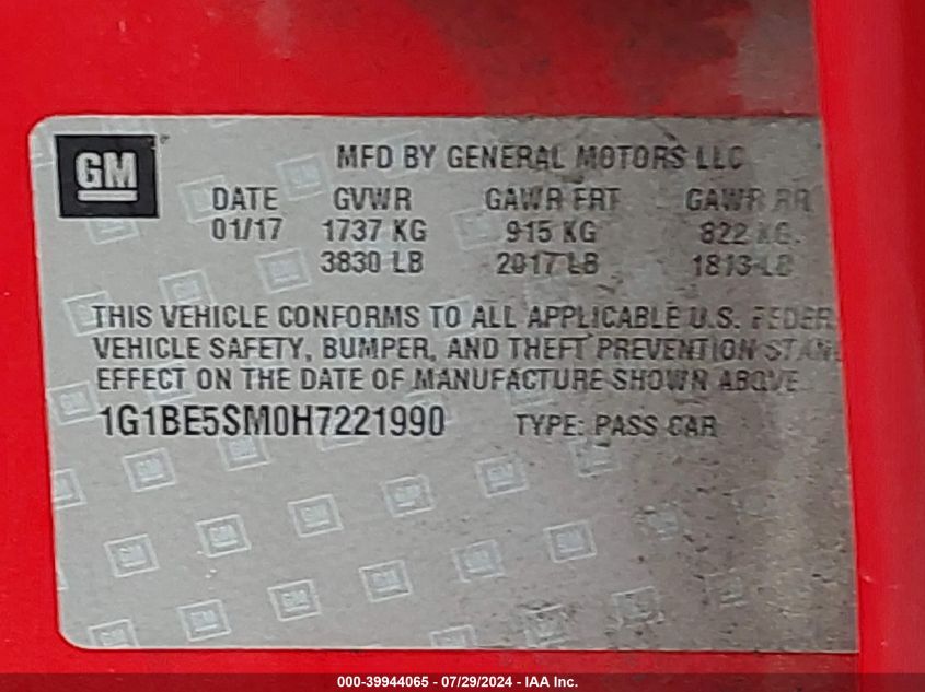 2017 Chevrolet Cruze Lt Auto VIN: 1G1BE5SM0H7221990 Lot: 39944065