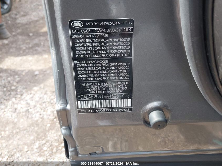 2008 Land Rover Lr3 V8 Se VIN: SALAE25418A459517 Lot: 39944067