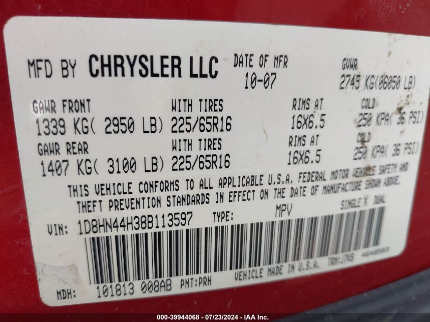 2008 Dodge Grand Caravan Se VIN: 1D8HN44H38B113597 Lot: 39944068