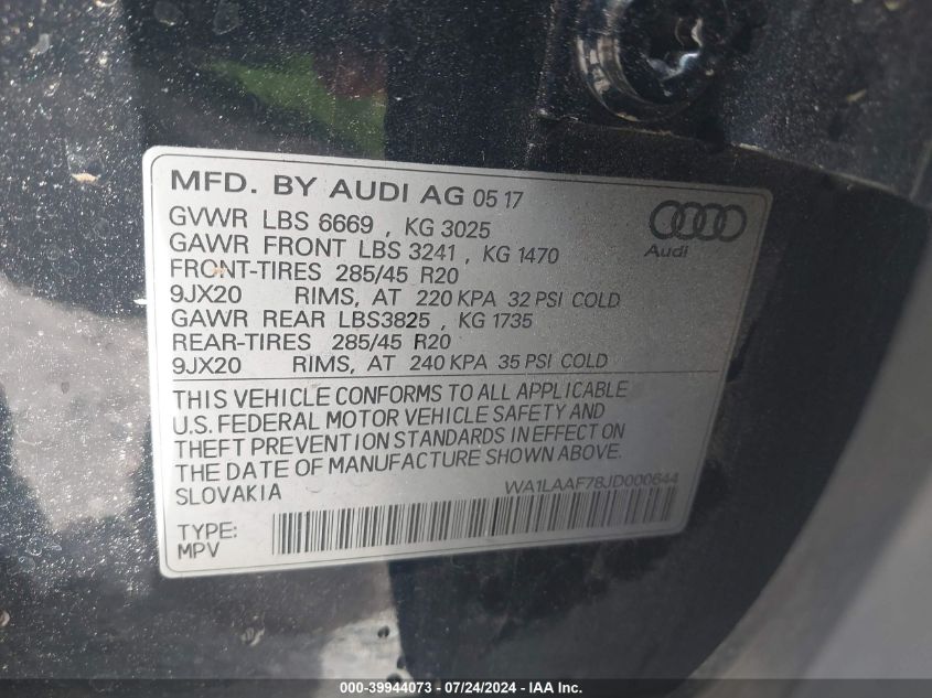 2018 Audi Q7 3.0T Premium VIN: WA1LAAF78JD000644 Lot: 39944073