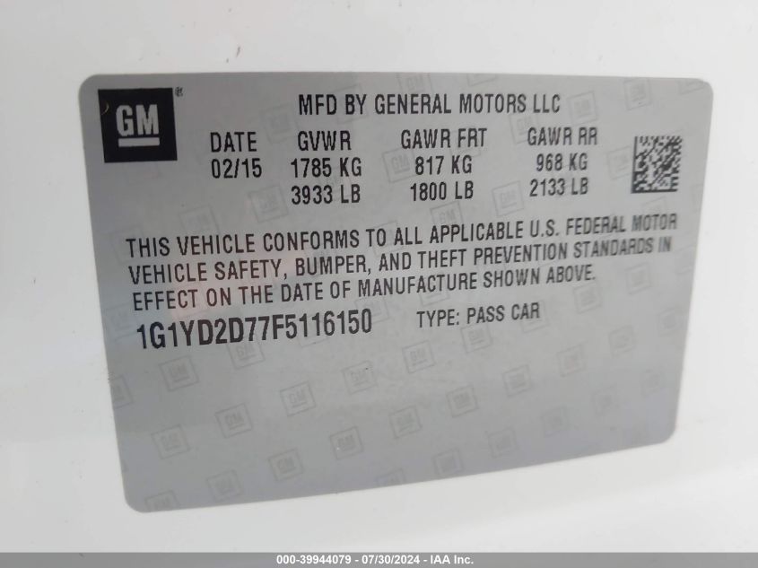 2015 CHEVROLET CORVETTE STINGRAY 2LT - 1G1YD2D77F5116150