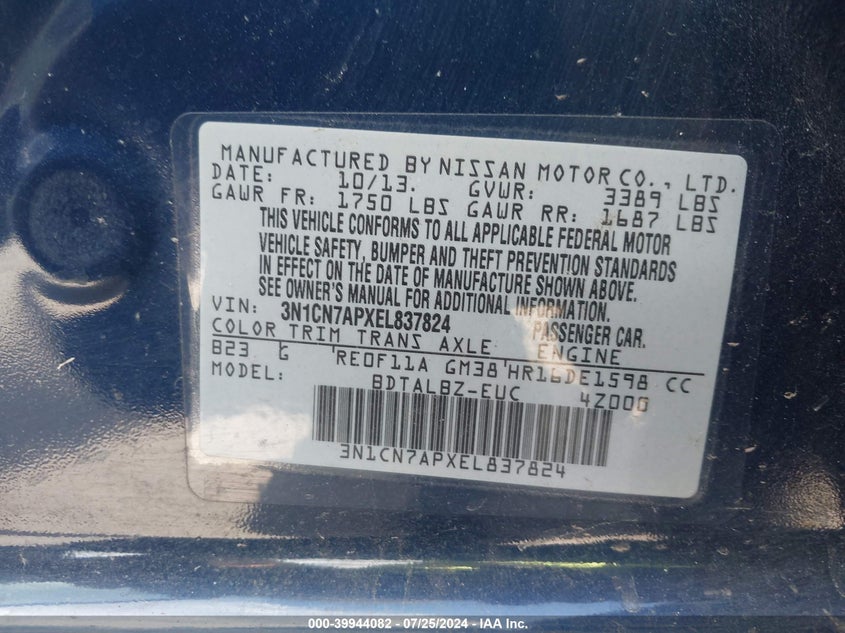 2014 Nissan Versa 1.6 Sv VIN: 3N1CN7APXEL837824 Lot: 39944082