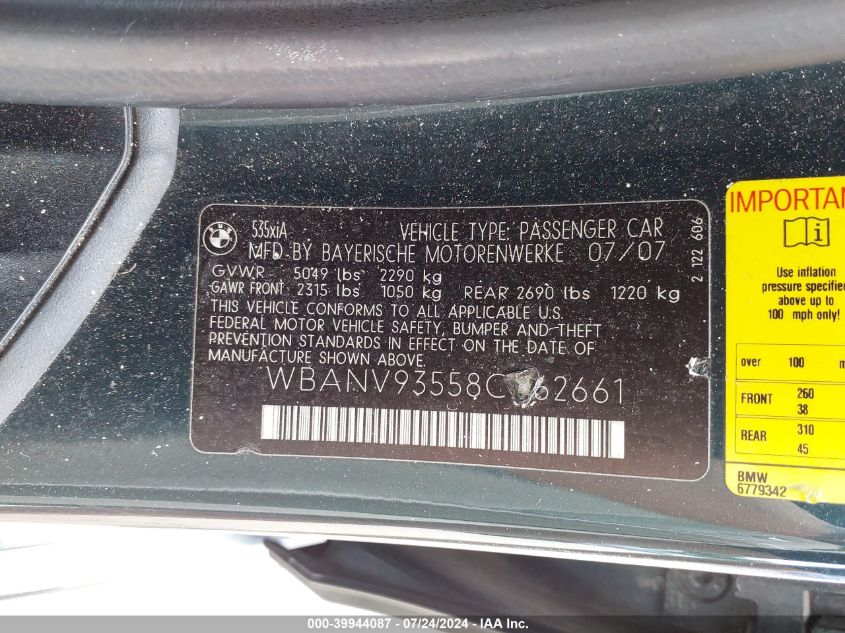 2008 BMW 535Xi VIN: WBANV93558CZ62661 Lot: 39944087
