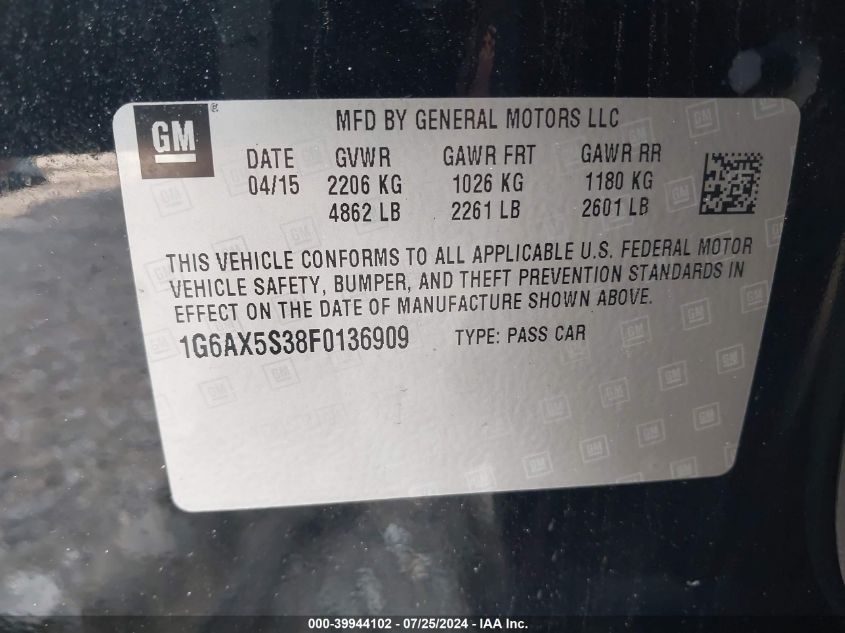 2015 Cadillac Cts Luxury Collection VIN: 1G6AX5S38F0136909 Lot: 39944102