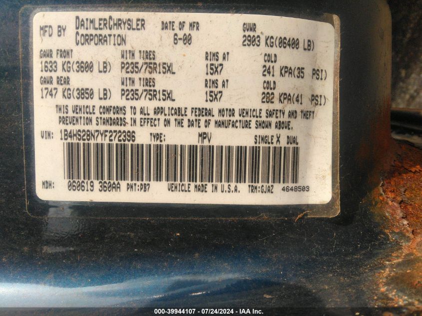 2000 Dodge Durango VIN: 1B4HS28N7YF272396 Lot: 39944107