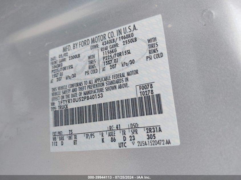 2002 Ford Ranger Edge/Xl/Xlt VIN: 1FTYR10U52PB40153 Lot: 39944113