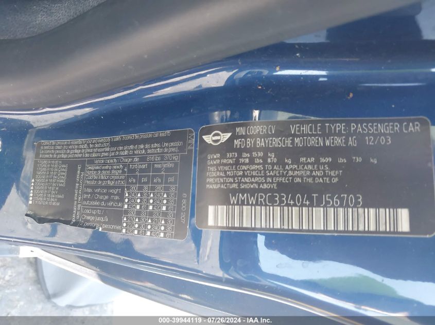 2004 Mini Cooper VIN: WMWRC33404TJ56703 Lot: 39944119