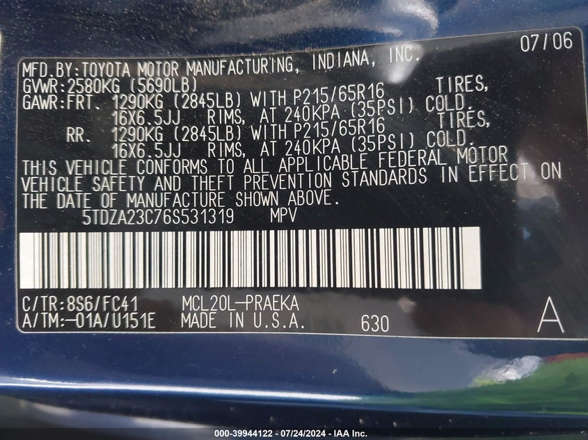 2006 Toyota Sienna Le VIN: 5TDZA23C76S531319 Lot: 39944122