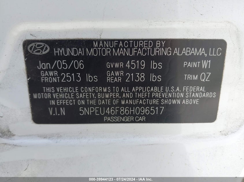 2006 Hyundai Sonata Gls V6/Lx V6 VIN: 5NPEU46F86H096517 Lot: 39944123