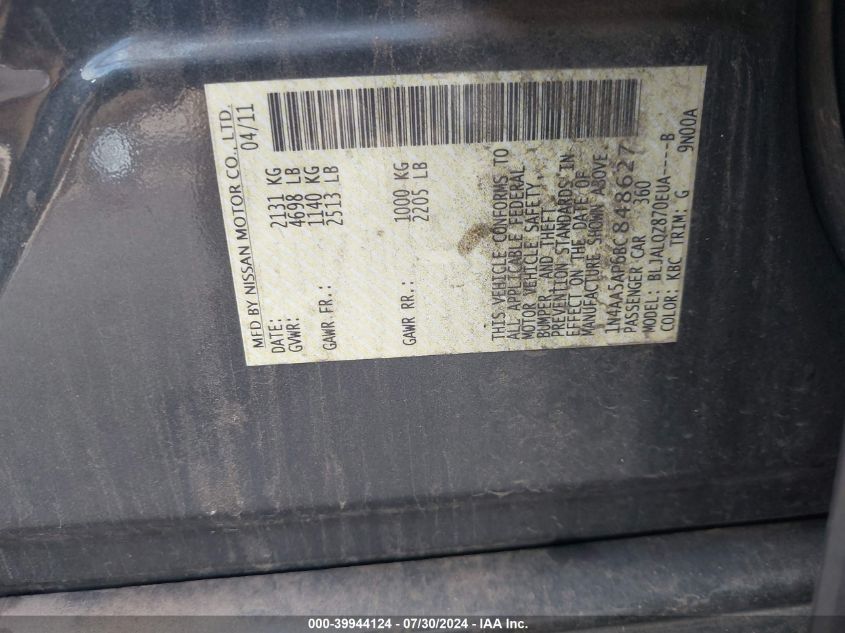 2011 Nissan Maxima 3.5 S VIN: 1N4AA5AP6BC848627 Lot: 39944124