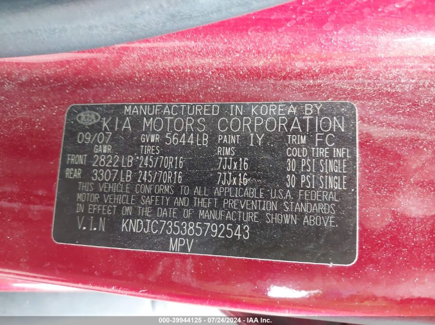 2008 Kia Sorento Lx VIN: KNDJC735385792543 Lot: 39944125