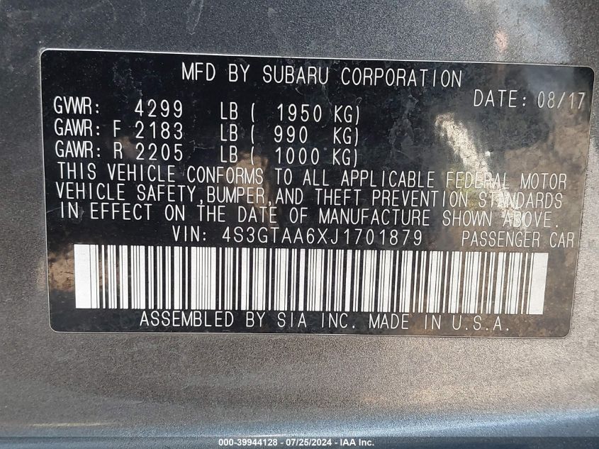 2018 Subaru Impreza 2.0I VIN: 4S3GTAA6XJ1701879 Lot: 39944128